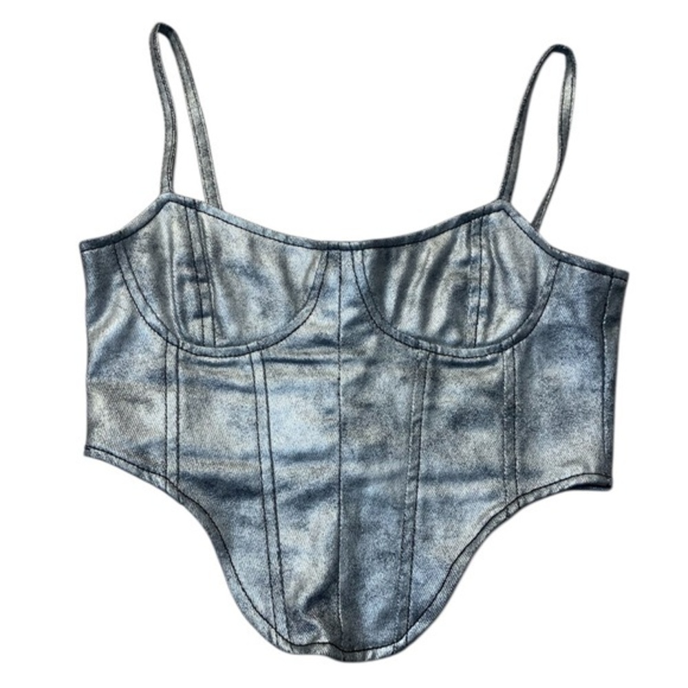 PrettyLittleThing silver coated denim corset top size 4
